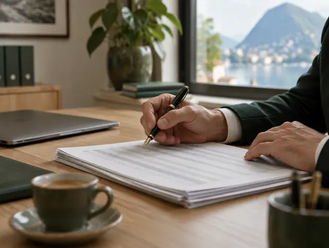 Mani di un fiduciario che rivede un registro contabile in uno studio con vista sul lago di Lugano